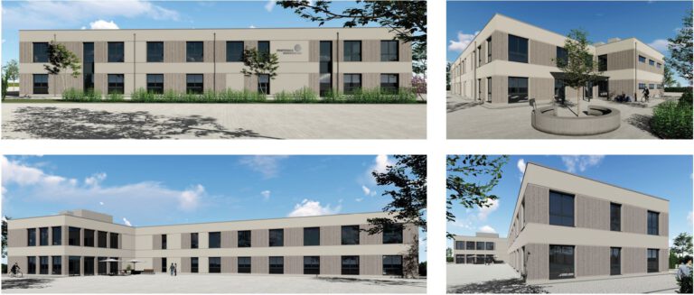 Visualisierung des geplanten Verwaltungsneubaus der Stadtwerke Hennigsdorf. Der zweigeschossige, funktionale Baukörper zeigt eine helle Fassade mit vertikalen Struktur­elementen und großen Fensterflächen. Zu sehen sind verschiedene Perspektiven des Gebäudes – darunter die Eingangsseite, der Innenhof mit Sitzbereich sowie Rück- und Seitenansichten mit Begrünung und Aufenthaltszonen.