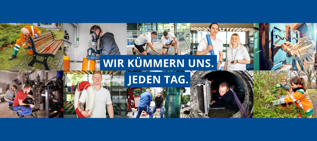 Collage zeigt Mitarbeitende der kommunalen Daseinsvorsorge bei der täglichen Arbeit – mit dem Schriftzug: „WIR KÜMMERN UNS. JEDEN TAG.“