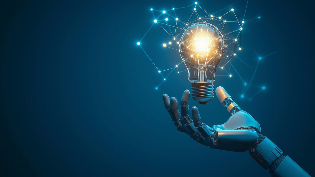 Roboterhand mit leuchtender Glühbirne als Symbol für KI und intelligente Energielösungen.