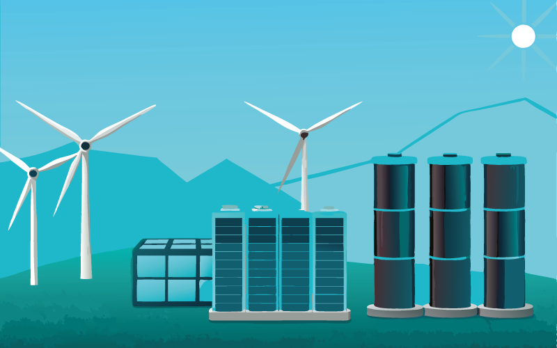 Darstellung verschiedener Speichertechnologien (Batterien, Pumpspeicher, Power-to-Gas)