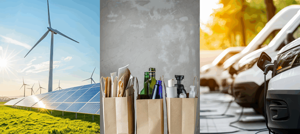 Collage aus drei Bildern, die jeweils erneuerbare Energien, Elektromobilität und Kreislaufwirtschaft repräsentieren.