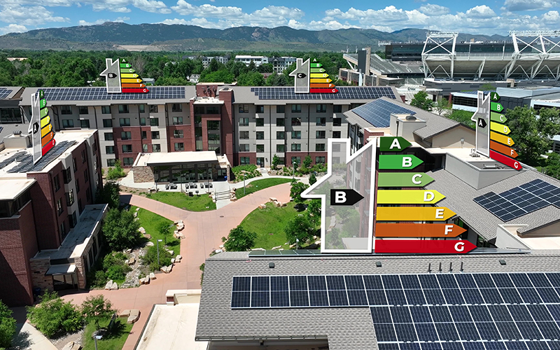 Illustration von energieeffizienten Gebäuden und Solarenergie zur Veranschaulichung der Dekarbonisierung von Gebäuden