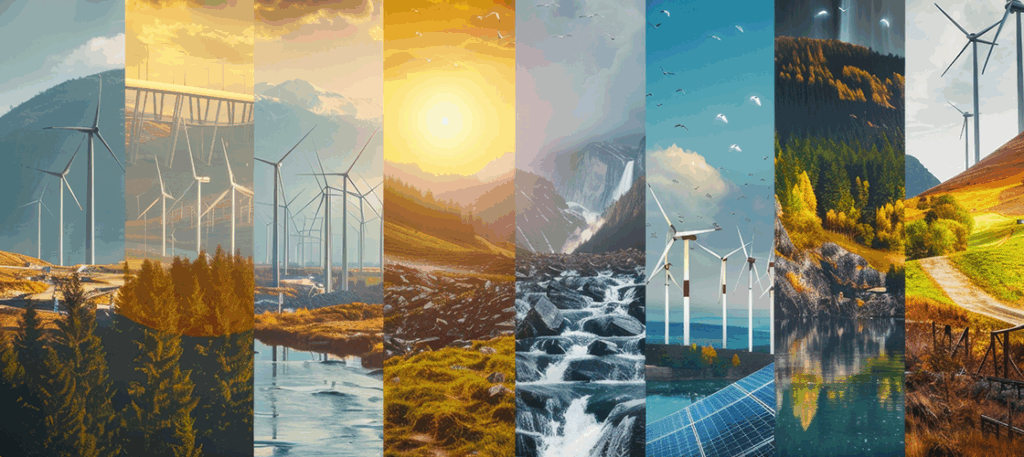 Collage aus Fotos von Windrädern, Solarpanelen, Wasserkraftwerken und Biomasseanlagen.