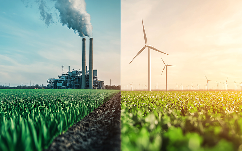 Gegenüberstellung des Übergangs von fossilen zu erneuerbaren Energien. Links im Bild Kohlekraftwerk und rechts Windräder