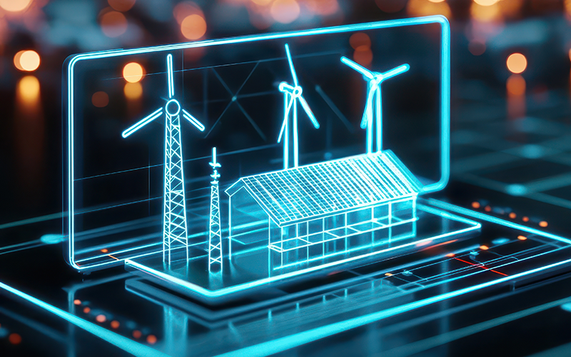 Schematische Darstellung des Stromnetzes mit erneuerbaren Energiequellen und Verbrauchern. 