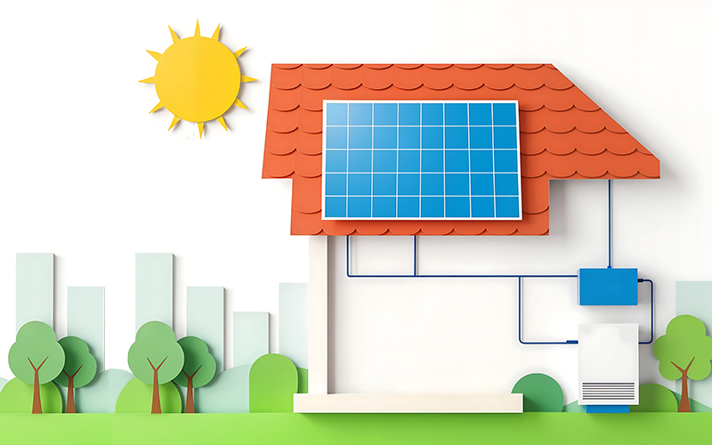 Schematische Darstellung einer Photovoltaikanlage mit allen Hauptkomponenten (Solarmodule, Wechselrichter, Speicher, Anschluss ans Hausnetz) 