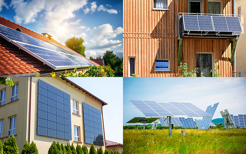 Bildcollage verschiedener Photovoltaik-Anwendungen (Dachanlage, Solarfassade, Freiflächenanlage, Balkonmodule) 