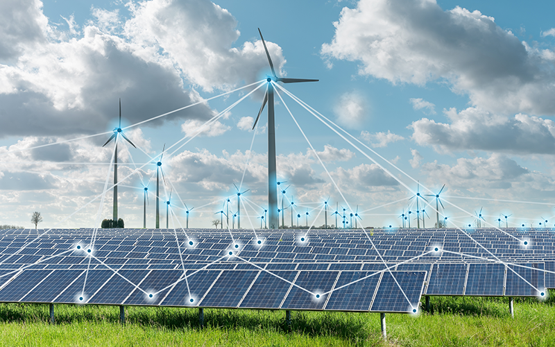 Schematische Darstellung eines intelligenten Stromnetzes (Smart Grid) mit erneuerbaren Energiequellen 