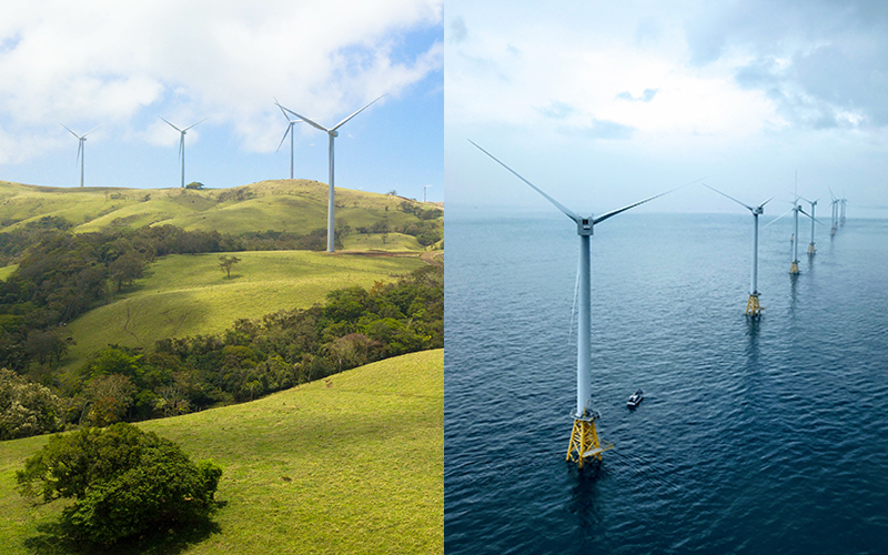 Moderne Windkraftanlagen an Land und auf See