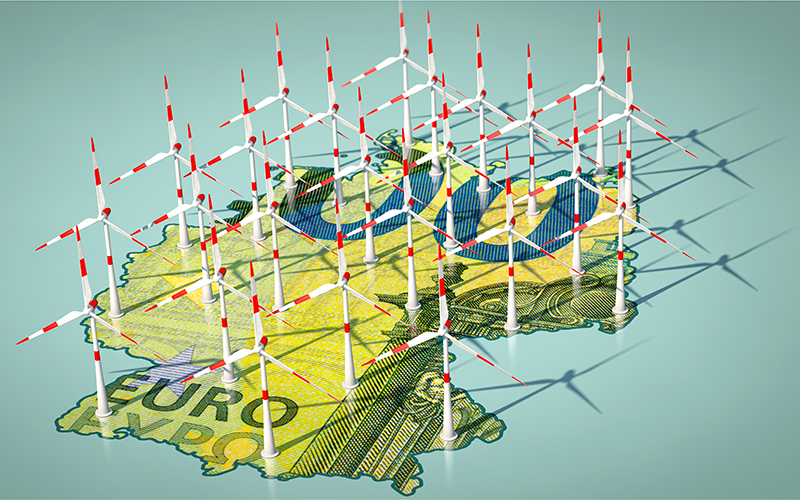 Symbolische Darstellung: 100-Euro-Geldschein im Umriss der Deutschlandkarte, auf dem viele Windkraftanlagen verteilt sind.