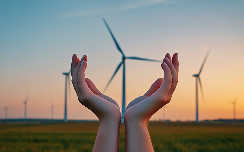 Symbolbild: Eine Hand umschliesst eine kleine Windkraftanlage vor dem Hintergrund eines Sonnenaufgangs, repräsentiert eine nachhaltige Zukunft. 