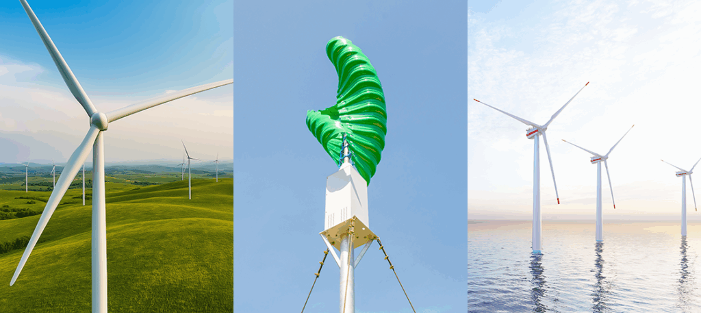 Collage mit drei Bildern: 1. Horizontale Windkraftanlage, 2. Vertikale Windkraftanlage, 3. Offshore-Windpark