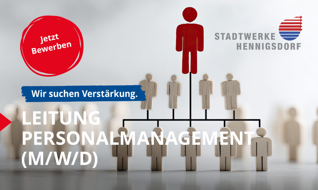 Stellenausschreibung der Stadtwerke Hennigsdorf: Leitung Personalmanagement (m/w/d) mit Organigramm und hervorgehobener roter Führungskraft.