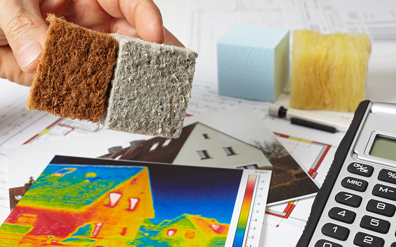 Hand hält zwei Dämmstoffe, Wärmebild liegt auf Tisch.