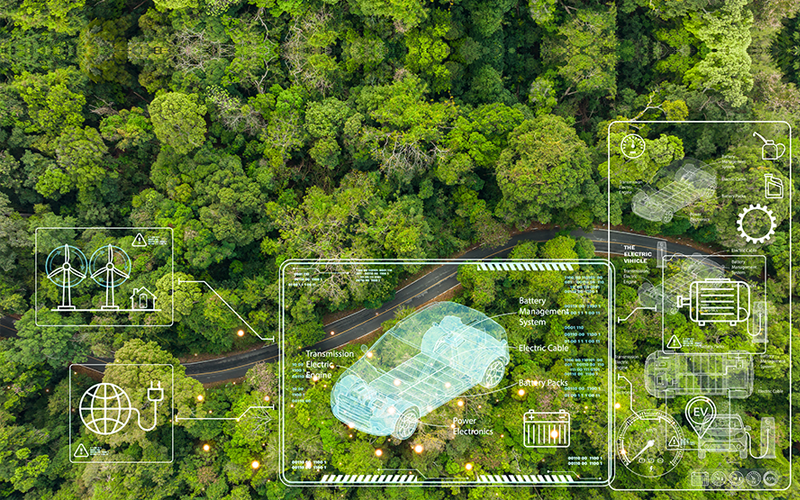 Blick von oben auf Straße durch Wald. Abbildung von Umweltvorteilen von Elektrofahrzeugen.