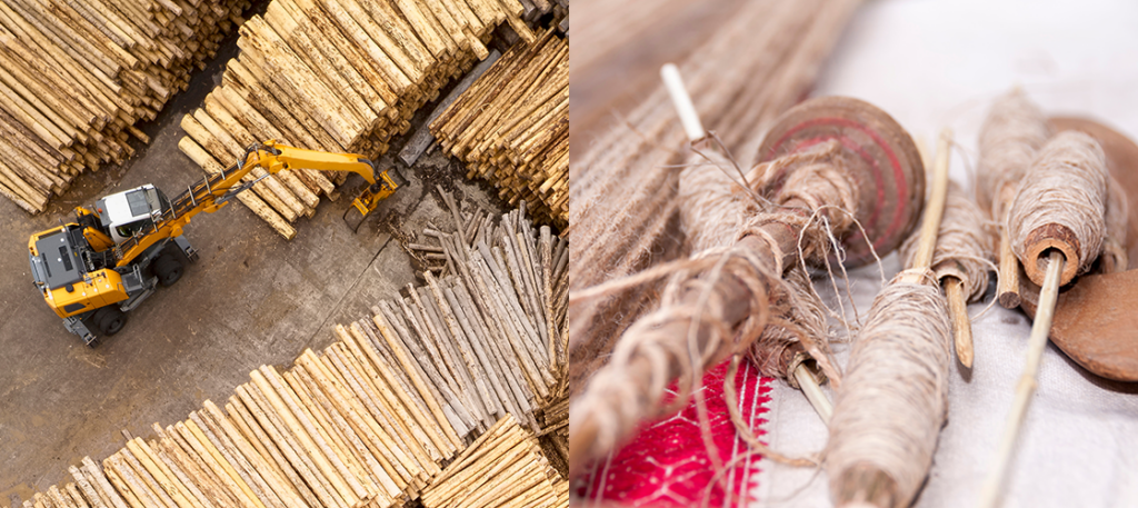 Gegenüberstellung Holz als Rohstoff und Garnrollen aus Hanfwolle