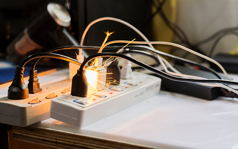 Steckerleiste mit mehreren Kabeln, wobei ein Kabel Funken schlägt