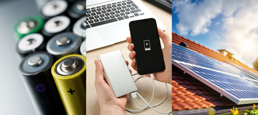 Drei Stromquellen als Abbildung: Batterien, Akku und Solarzellen