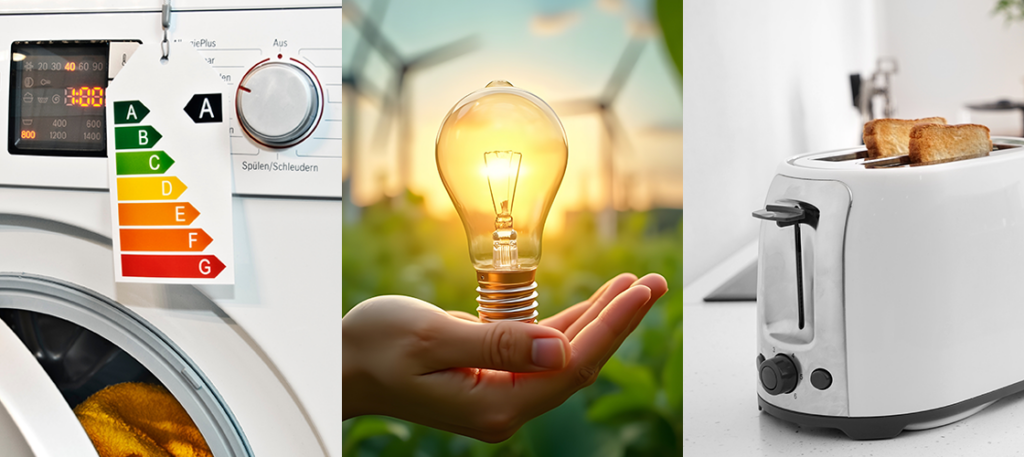 Collage aus drei Bildmotiven: Waschmaschine, Leuchtmittel, Toaster