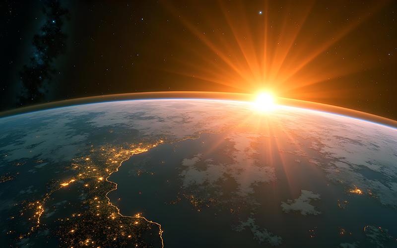 Erdoberfläche mit Lichtschein der Sonne am Horizont