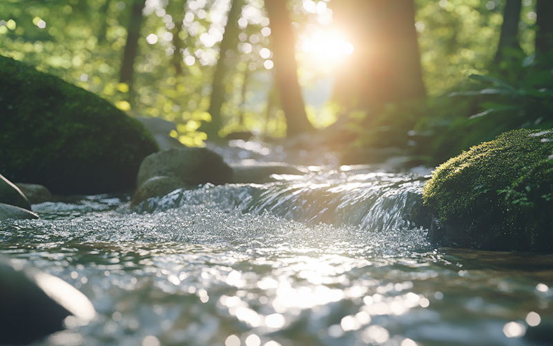 Detailaufnahme der Natur, Wasser fließt durch Wald