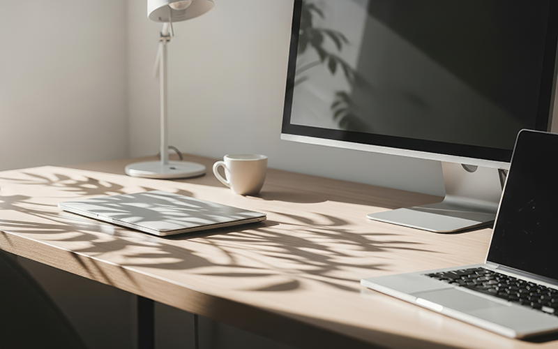 Schreibtisch mit Computerbildschirm, Laptop, Tasse und Lampe, auf dem Tisch Schatten von Pflanzenblättern.