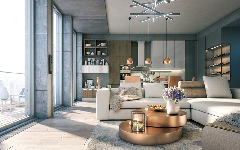 Moderner Wohnraum mit großer Fensterfront, L-förmigem Sofa, Couchtisch mit Vase und offener Küche im Hintergrund.