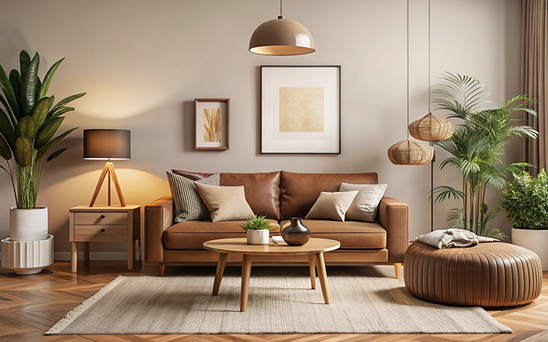 Wohnzimmer mit braunem Ledersofa, rundem Holztisch, Stehlampe, Hängeleuchte und mehreren Zimmerpflanzen