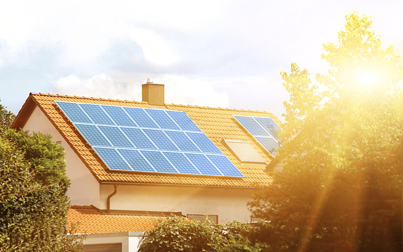 Einfamilienhaus mit Solarpaneelen. Die Sonne scheint hell von der Seite. Das Haus ist umgeben von Bäumen.