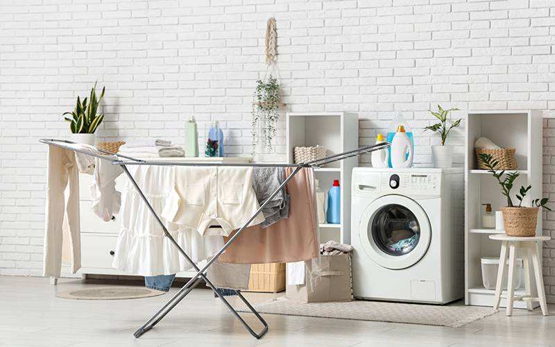 Wäscheständer mit hängender Kleidung vor einer Waschmaschine in einem hellen Raum mit Pflanzen und Regalen.