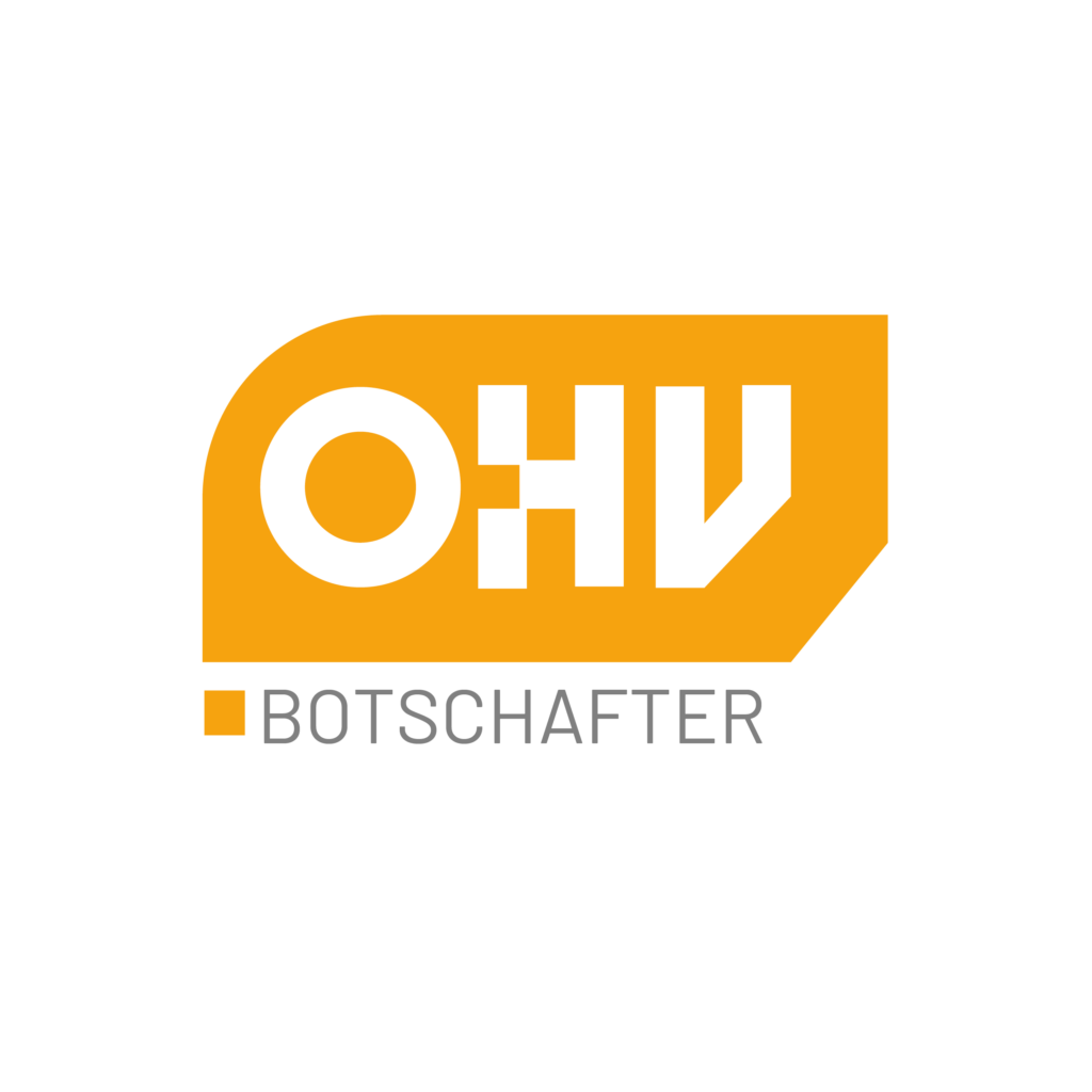 Logo mit den Buchstaben „OHV“ und dem Wort „Botschafter“ auf schwarzem Hintergrund.