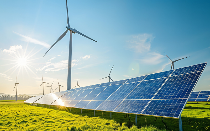 Solaranlagen auf einer Wiese vor mehreren Windrädern bei sonnigem Himmel