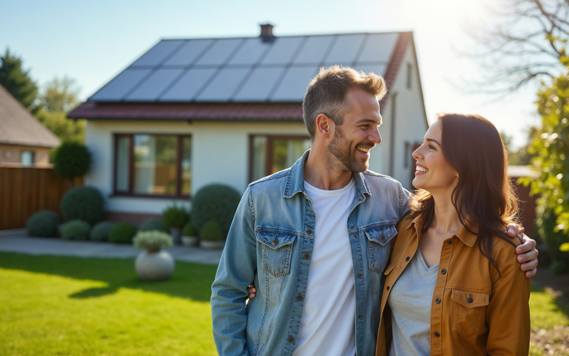 Junges Paar steht vor einem Einfamilienhaus mit Solarpaneelen auf dem Dach.