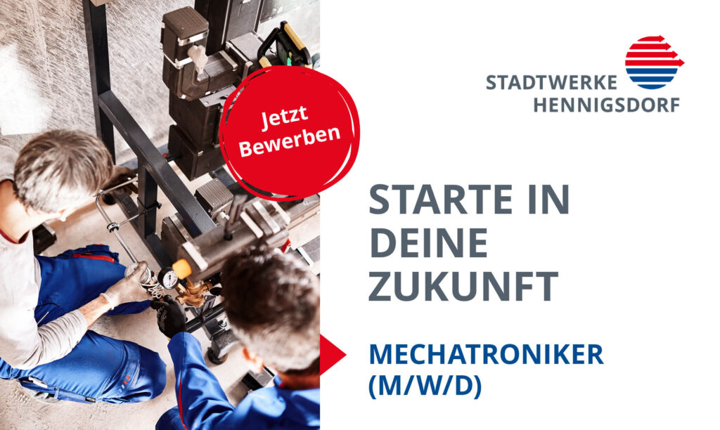 Zwei Auszubildende arbeiten an einer technischen Anlage – Stellenanzeige für Mechatroniker bei Stadtwerke Hennigsdorf.