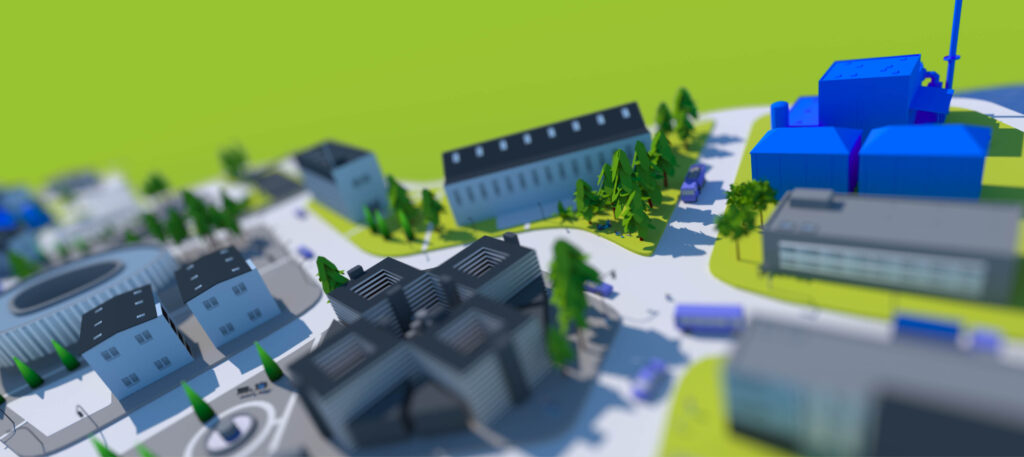 Digitale 3D-Darstellung von Gebäuden, Straßen und Energieanlagen in Hennigsdorf.