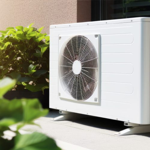 Eine moderne Wärmepumpe steht neben einem Haus, umgeben von grünen Pflanzen. Die Außeneinheit ist weiß und mit einem großen Ventilator ausgestattet, der für die Luftzirkulation sorgt. Im Hintergrund ist eine Fensterfront mit geschlossenen Jalousien sichtbar.
